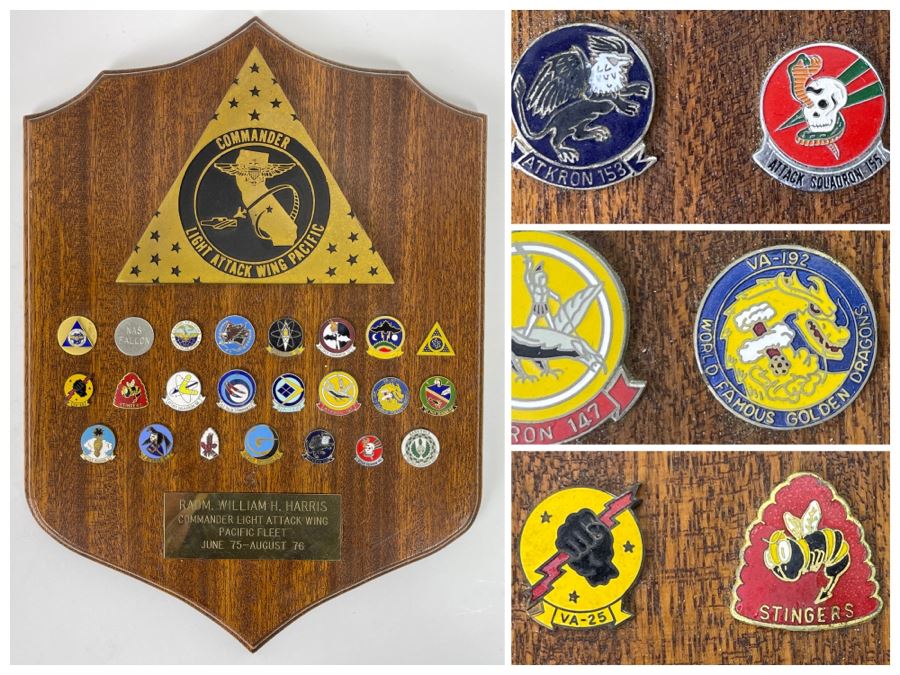 Commader Light Attack Wing Pacific Fleet Plaque Presented To RADM. William H. Harris With 22 Navy Fighter Pilot Squadron Pins 11 X 15 [Photo 1]