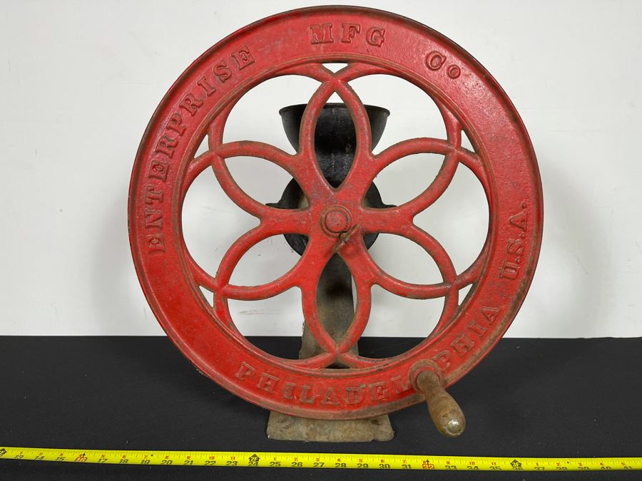 Antique Cast Iron Coffee Grinder Mill Grinding Wheel By Enterprise Mfg Co Philadelphia, PA No. 750 19.5'R Wheel X 21'H X 16'D