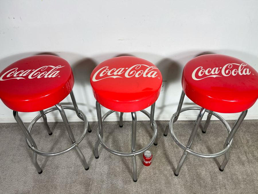 Set Of Three Modern Chrome Coca-Cola Swivel Barstools 29'H [Photo 3]