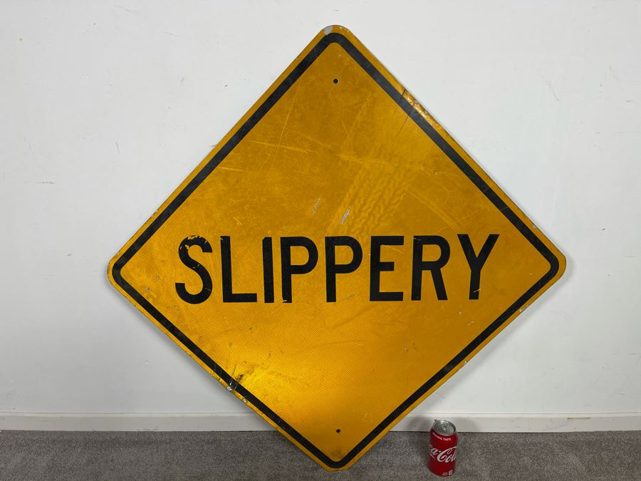Vintage Metal Yellow & Black Reflective Slippery Road Traffic Sign 41'W X 41'H [Photo 2]