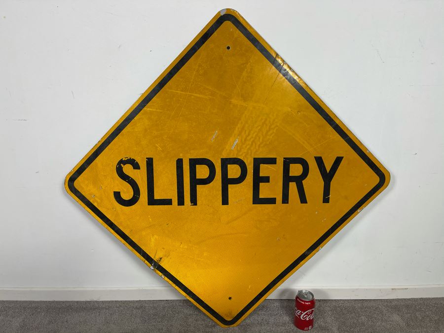 Vintage Metal Yellow & Black Reflective Slippery Road Traffic Sign 41'W X 41'H [Photo 1]