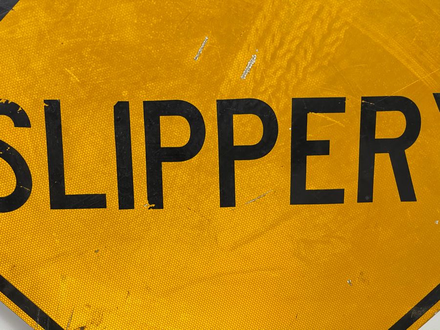 Vintage Metal Yellow & Black Reflective Slippery Road Traffic Sign 41'W X 41'H [Photo 3]