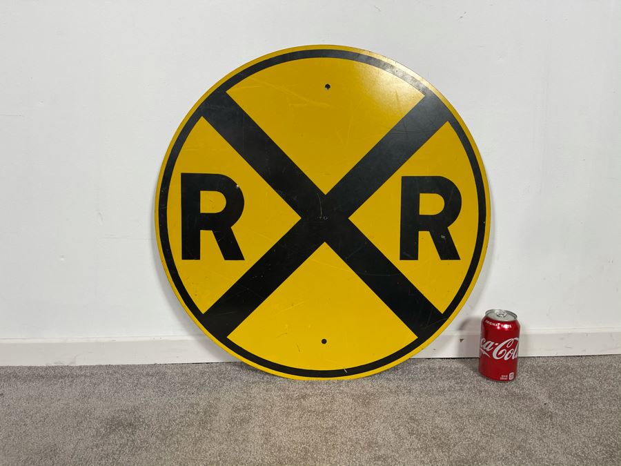 Vintage Metal Yellow & Black Reflective Railroad Crossing Road Traffic Sign 24'R [Photo 3]