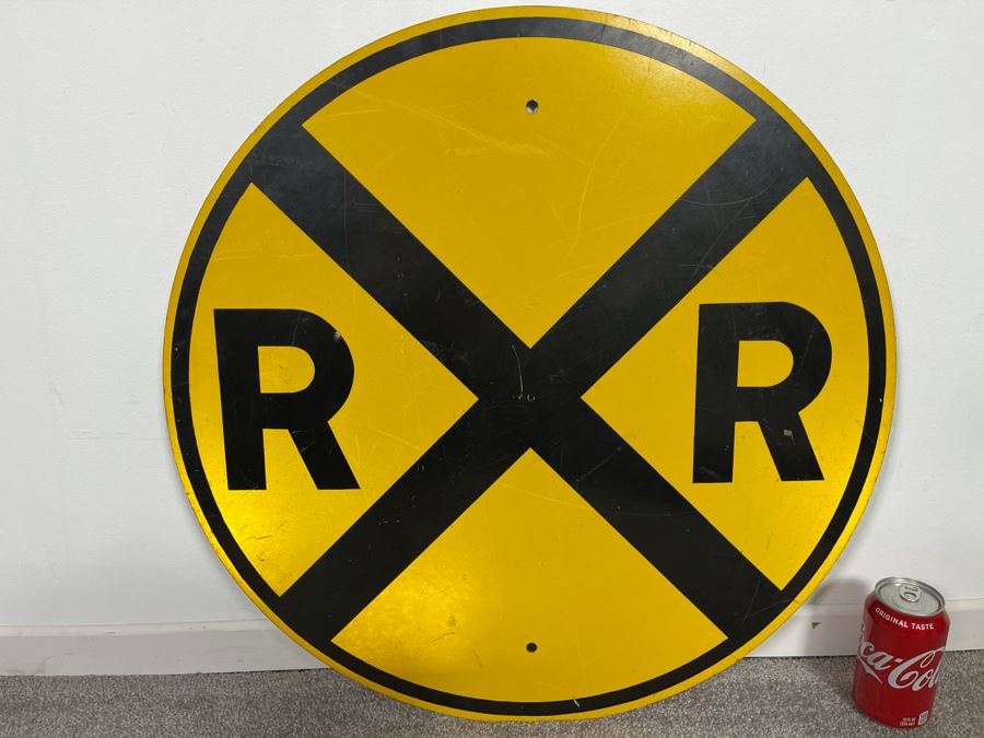 Vintage Metal Yellow & Black Reflective Railroad Crossing Road Traffic Sign 24'R [Photo 2]