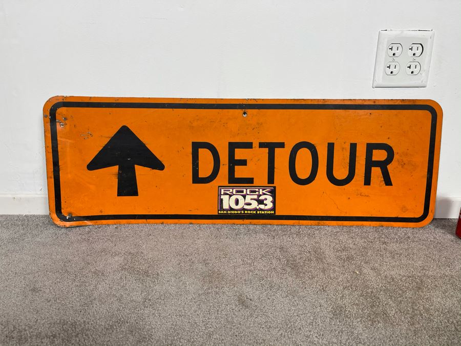Vintage Orange & Black Metal Detour Traffic Road Sign 36W X 12H [Photo 2]
