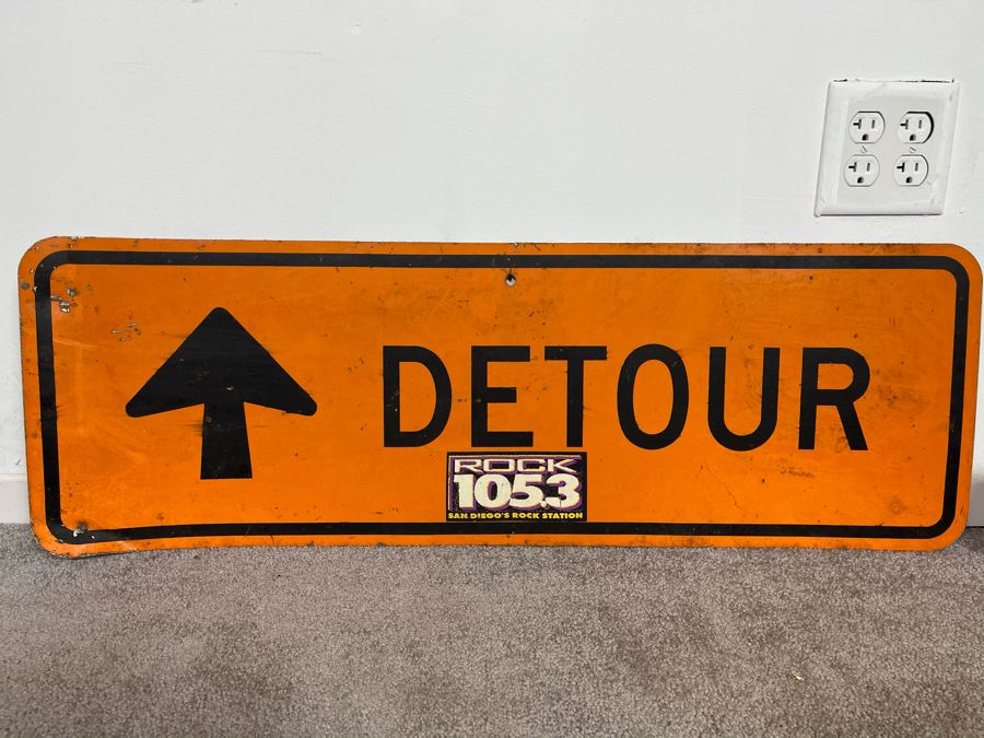 Vintage Orange & Black Metal Detour Traffic Road Sign 36W X 12H [Photo 1]