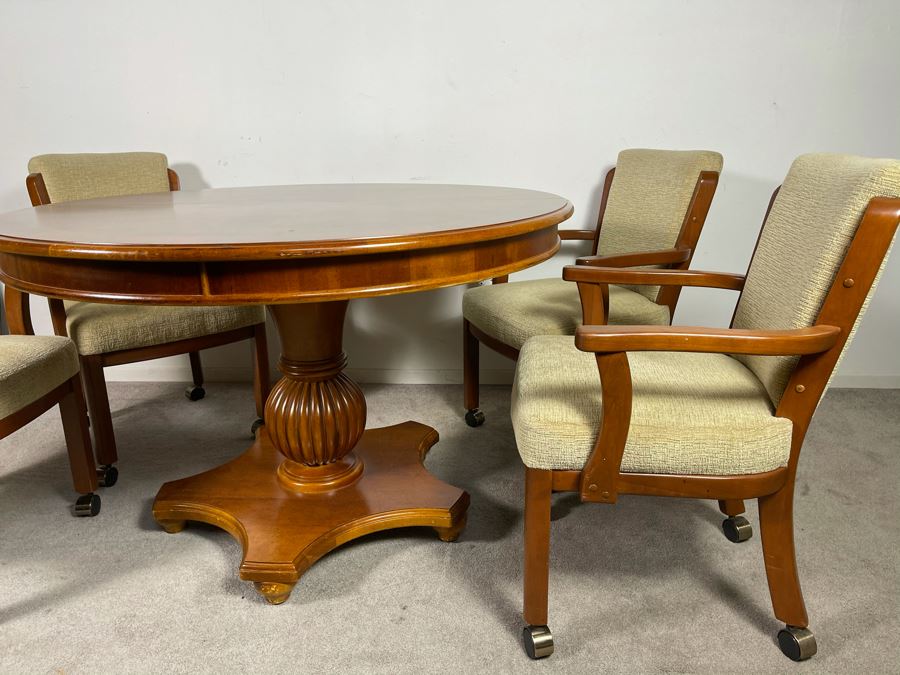 Stanley Furniture 48'R Pedestal Table With One 20'L Leaf And Four Armchairs On Casters (Not Sure If Chairs Are Stanley Furniture' - Has Table Pads [Photo 6]