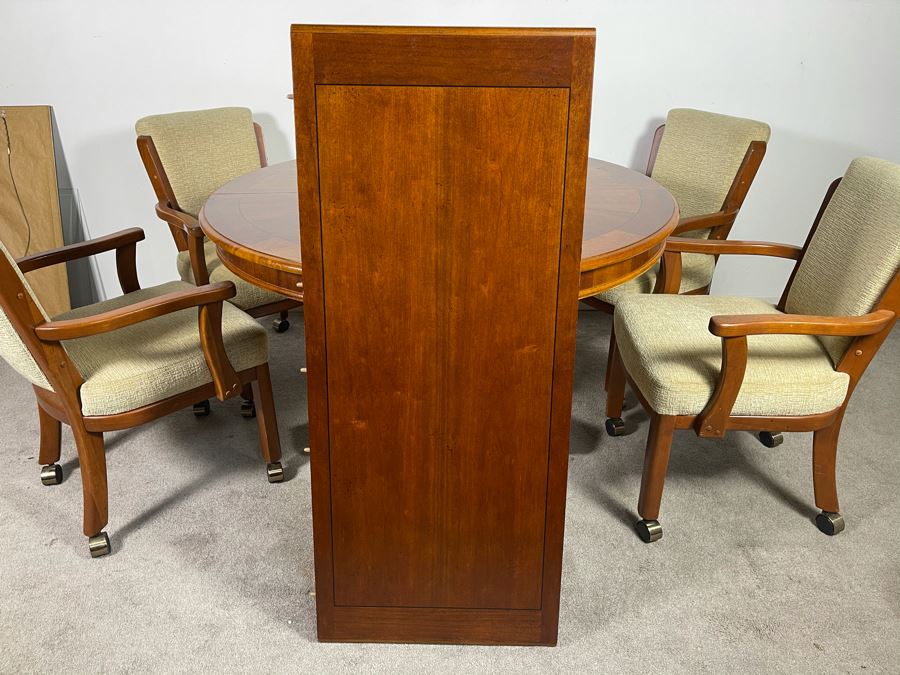 Stanley Furniture 48'R Pedestal Table With One 20'L Leaf And Four Armchairs On Casters (Not Sure If Chairs Are Stanley Furniture' - Has Table Pads [Photo 2]