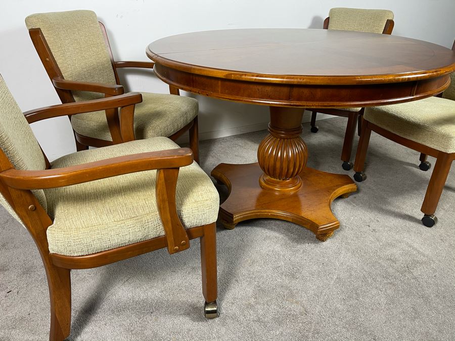 Stanley Furniture 48'R Pedestal Table With One 20'L Leaf And Four Armchairs On Casters (Not Sure If Chairs Are Stanley Furniture' - Has Table Pads [Photo 7]