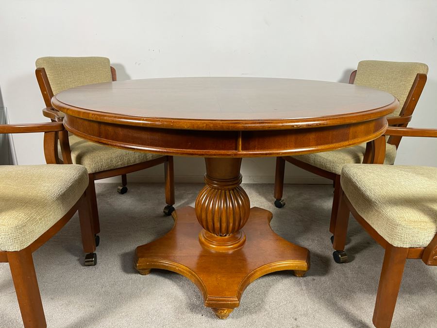 Stanley Furniture 48'R Pedestal Table With One 20'L Leaf And Four Armchairs On Casters (Not Sure If Chairs Are Stanley Furniture' - Has Table Pads [Photo 4]