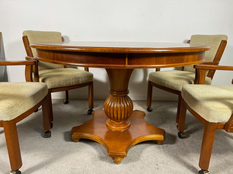 Stanley Furniture 48'R Pedestal Table With One 20'L Leaf And Four Armchairs On Casters (Not Sure If Chairs Are Stanley Furniture' - Has Table Pads [Photo 5]