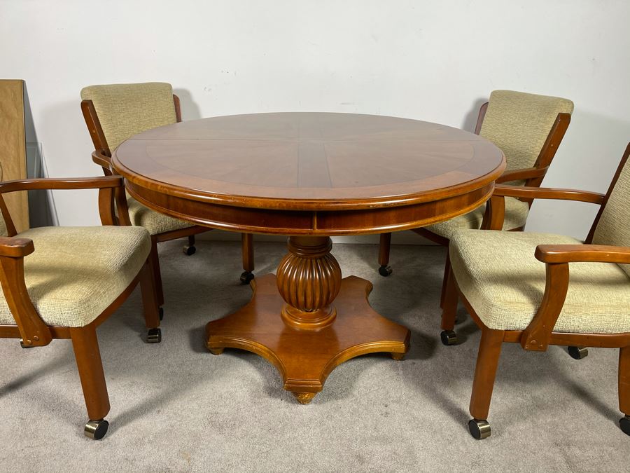 Stanley Furniture 48'R Pedestal Table With One 20'L Leaf And Four Armchairs On Casters (Not Sure If Chairs Are Stanley Furniture' - Has Table Pads [Photo 3]