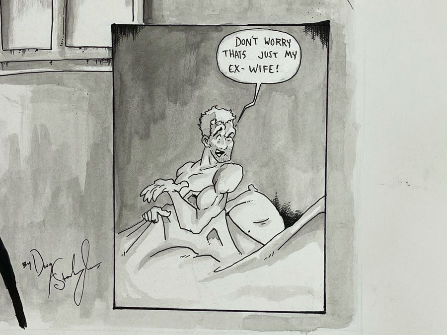 Original Cartoon Artwork 'Honey Wake Up What Is That Thing Taking All Your Money? - Don't Worry That's Just My Ex-Wife!' Signed By Doug Stambaugh 14 X 17 [Photo 6]