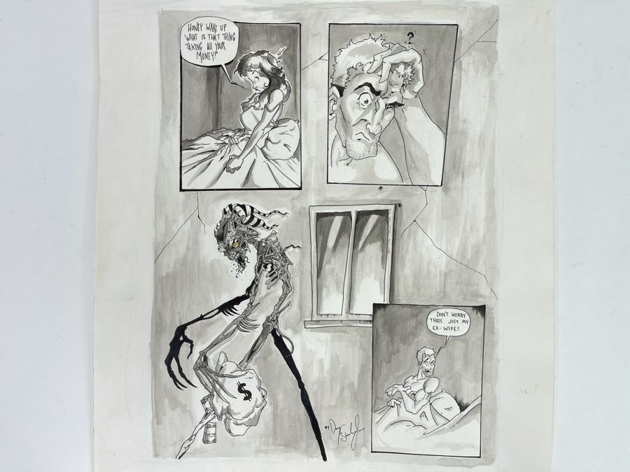 Original Cartoon Artwork 'Honey Wake Up What Is That Thing Taking All Your Money? - Don't Worry That's Just My Ex-Wife!' Signed By Doug Stambaugh 14 X 17 [Photo 2]