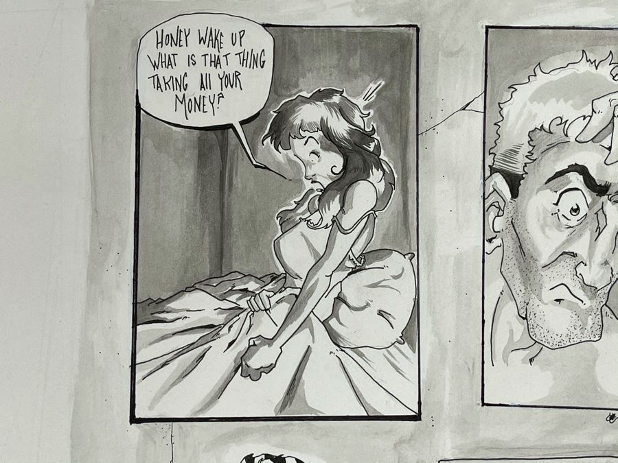 Original Cartoon Artwork 'Honey Wake Up What Is That Thing Taking All Your Money? - Don't Worry That's Just My Ex-Wife!' Signed By Doug Stambaugh 14 X 17 [Photo 3]