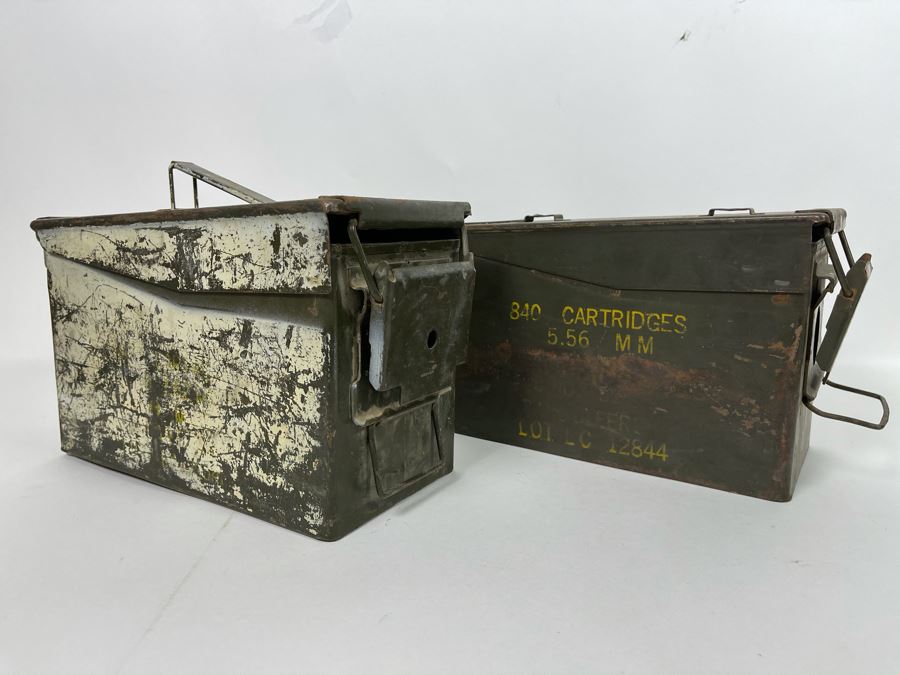 Pair Of Vintage Military Metal Ammo Cartridges Ammunition Boxes