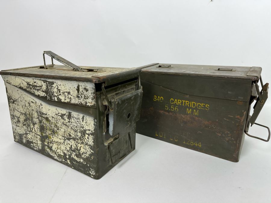 Pair Of Vintage Military Metal Ammo Cartridges Ammunition Boxes