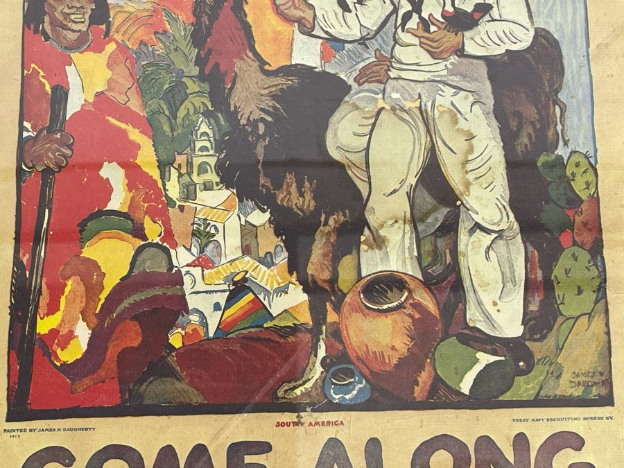 Framed Reproduction Print Of Old U.S. NAVY Recruitment Poster 'Come Along. Learn Something. See Something In The US NAVY. Ample Shore Leave For Inland Sights' Artwork By James H Daugherty 19 X 25 [Photo 5]