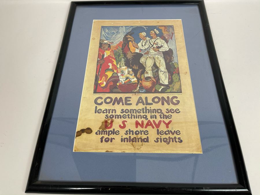 Framed Reproduction Print Of Old U.S. NAVY Recruitment Poster 'Come Along. Learn Something. See Something In The US NAVY. Ample Shore Leave For Inland Sights' Artwork By James H Daugherty 19 X 25 [Photo 10]