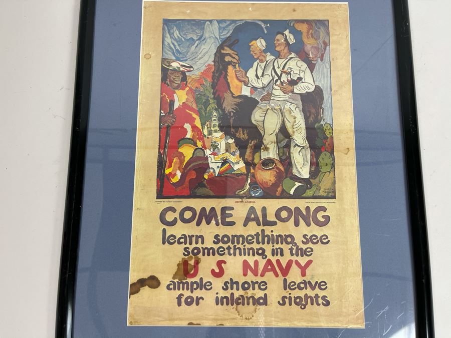 Framed Reproduction Print Of Old U.S. NAVY Recruitment Poster 'Come Along. Learn Something. See Something In The US NAVY. Ample Shore Leave For Inland Sights' Artwork By James H Daugherty 19 X 25