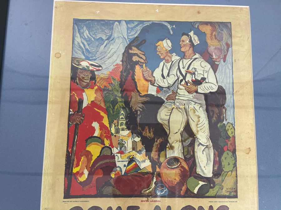 Framed Reproduction Print Of Old U.S. NAVY Recruitment Poster 'Come Along. Learn Something. See Something In The US NAVY. Ample Shore Leave For Inland Sights' Artwork By James H Daugherty 19 X 25 [Photo 3]