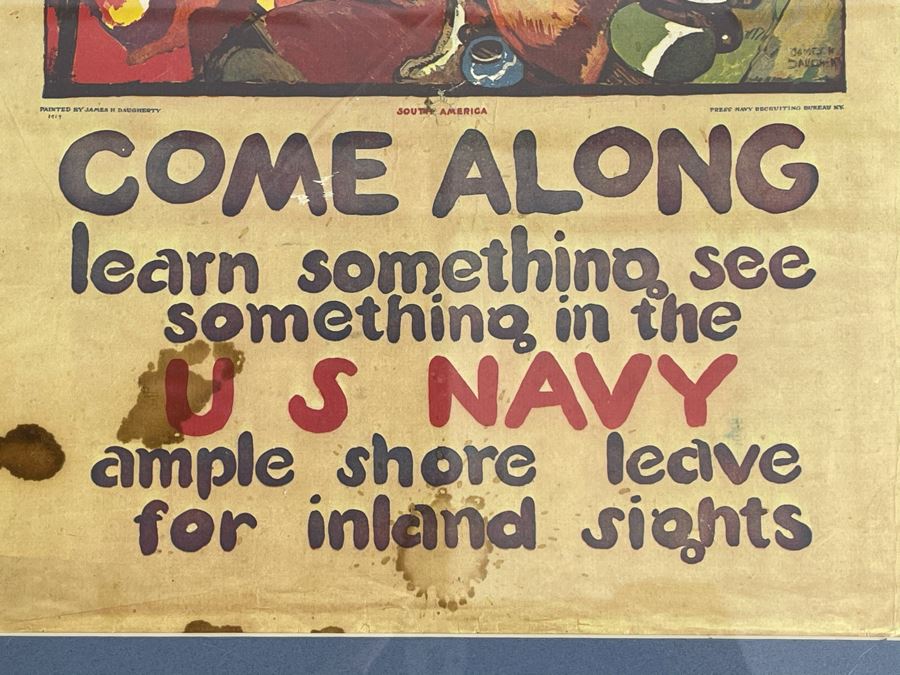 Framed Reproduction Print Of Old U.S. NAVY Recruitment Poster 'Come Along. Learn Something. See Something In The US NAVY. Ample Shore Leave For Inland Sights' Artwork By James H Daugherty 19 X 25 [Photo 9]
