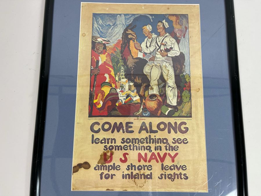 Framed Reproduction Print Of Old U.S. NAVY Recruitment Poster 'Come Along. Learn Something. See Something In The US NAVY. Ample Shore Leave For Inland Sights' Artwork By James H Daugherty 19 X 25 [Photo 2]