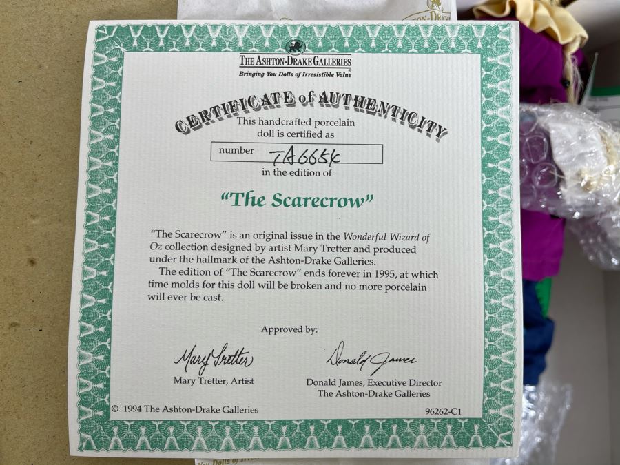New The Ashton-Drake Galleries Collectible Doll 'The Scarecrow' From The Wizard Of Oz Collection By Mary Tretter With Certificate Of Authenticity 16'L [Photo 9]