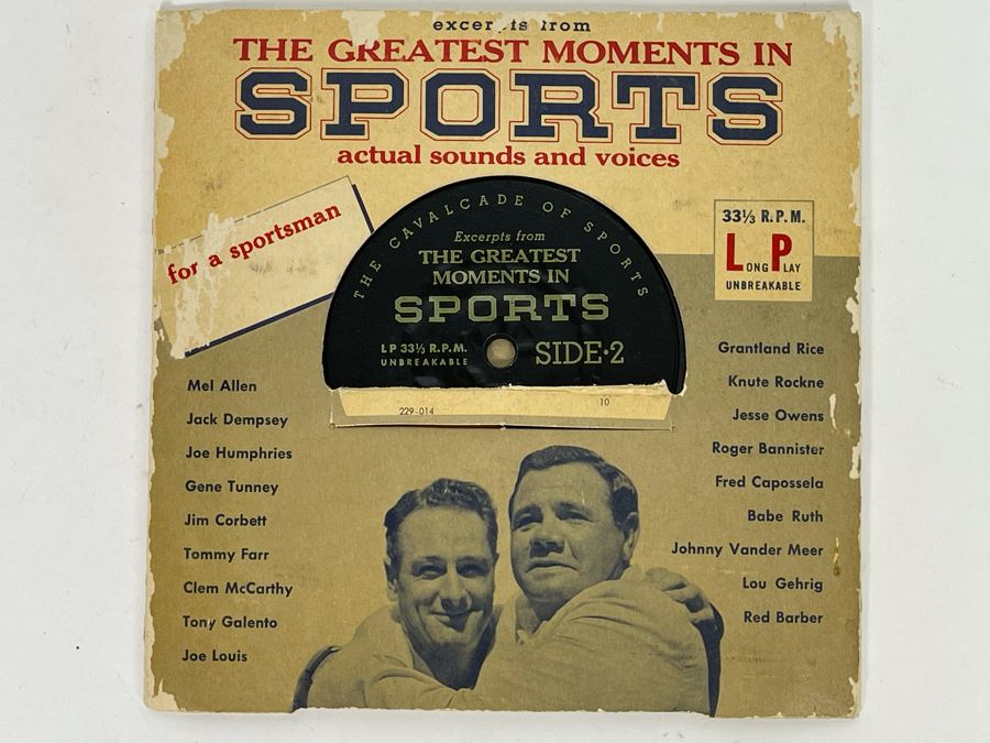 Vintage 33RPM Vinyl Record The Greatest Moments In Sports Actual Sounds And Voices: Jack Dempsey, Jesse Owens, Babe Ruth, Lou Gehrig