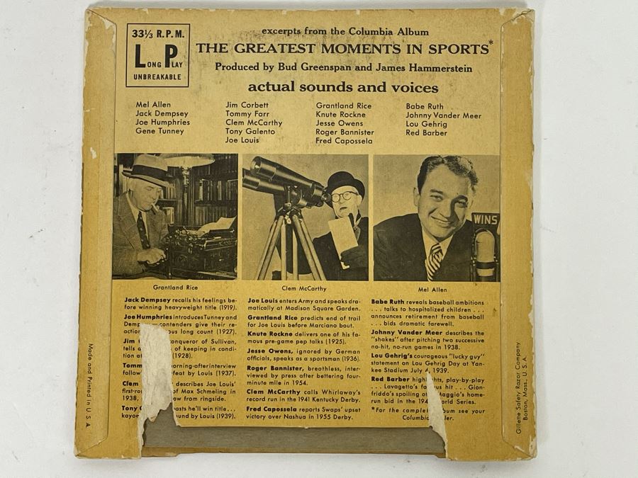 Vintage 33RPM Vinyl Record The Greatest Moments In Sports Actual Sounds And Voices: Jack Dempsey, Jesse Owens, Babe Ruth, Lou Gehrig [Photo 3]