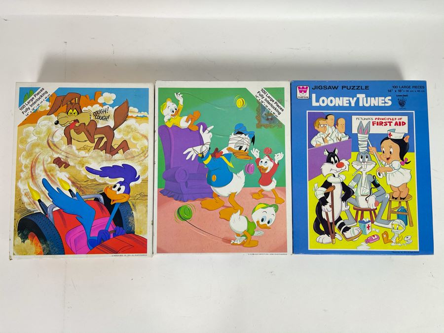 Vintage Seventies New Sealed Jigsaw Puzzles: Walt Disney's Donald Duck, Warner Bros Looney Tunes Bugs Bunny / Sylvester The Cat, Wile E. Coyote And The Road Runner [Photo 2]