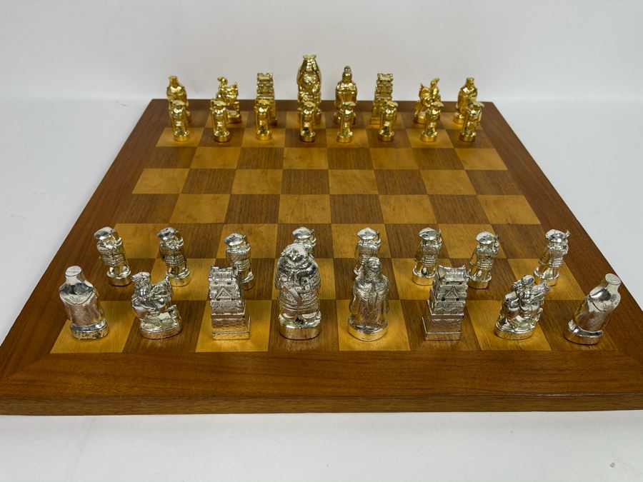 Wooden Inlaid Chess Board 19 X 19 With Japanese Gold And Silver Plated Chess Pieces [Photo 1]