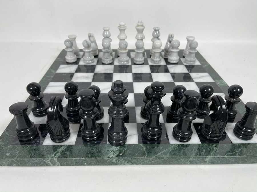 Carved Marble Chess Pieces With Inlaid Marble Chess Board 18 X 18 [Photo 1]