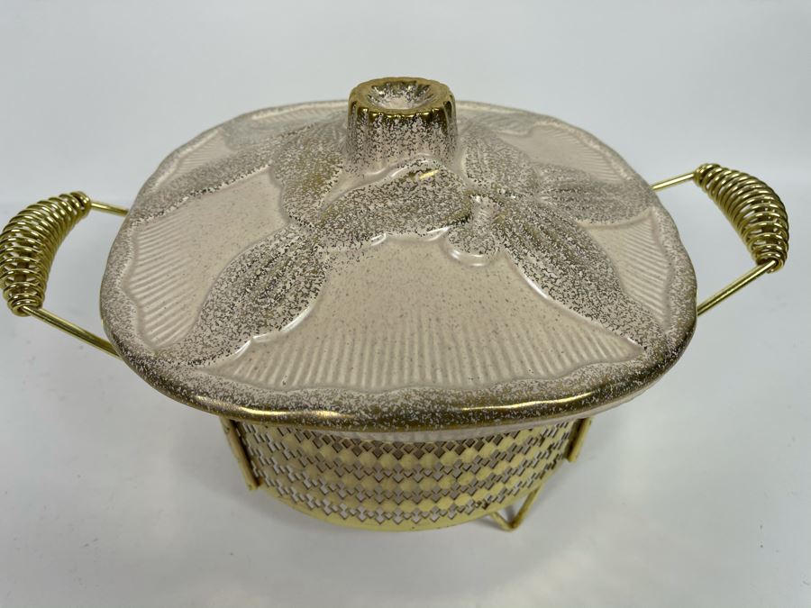 Vintage Mid-Century California Pottery Casserole Dish With Gold Cradle 10W X 8H [Photo 2]