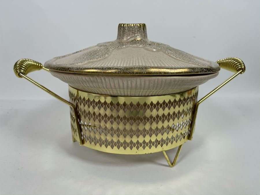 Vintage Mid-Century California Pottery Casserole Dish With Gold Cradle 10W X 8H [Photo 3]