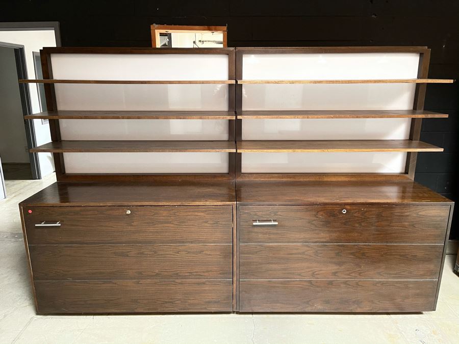 Large Heavy Duty Custom Wooden Two-Piece Display Shelving Cabinets With Back Lighting On Casters From RAEN (RAEN Recently Grew Into Bigger Space) Units Can Be Separated Or Attached (Each Unit Is 54W X 31D X 72H) [Photo 3]