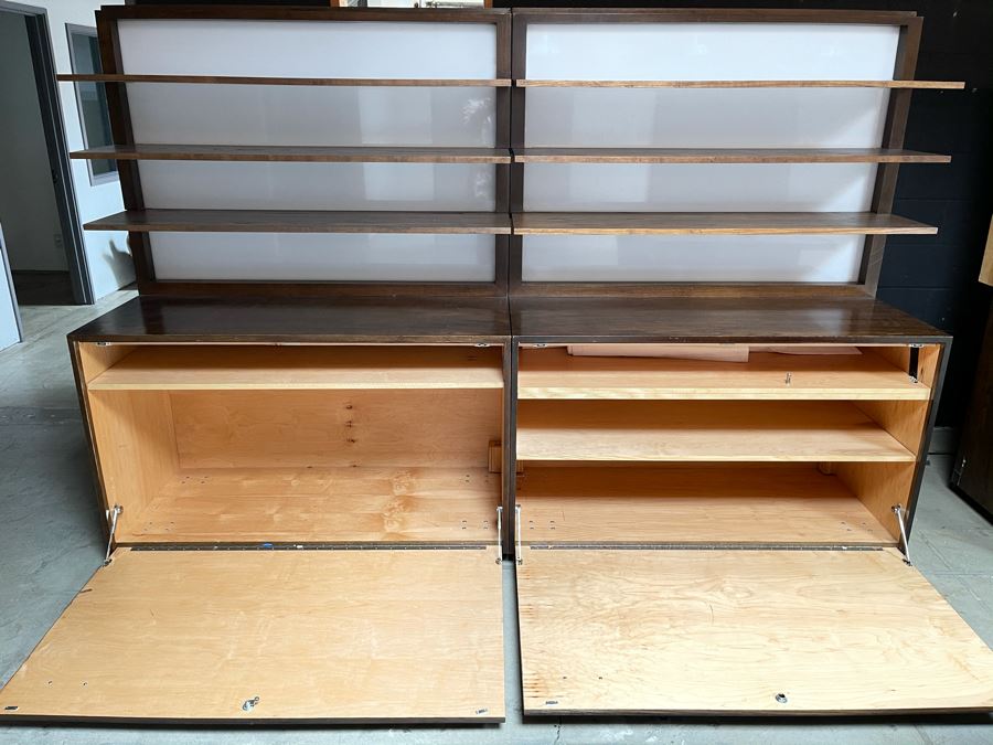 Large Heavy Duty Custom Wooden Two-Piece Display Shelving Cabinets With Back Lighting On Casters From RAEN (RAEN Recently Grew Into Bigger Space) Units Can Be Separated Or Attached (Each Unit Is 54W X 31D X 72H) [Photo 6]