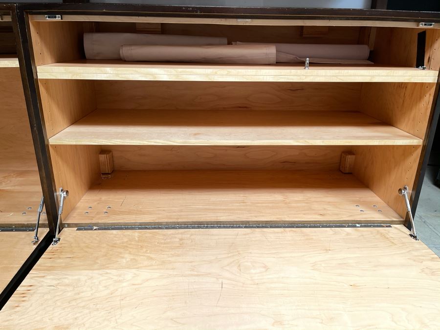 Large Heavy Duty Custom Wooden Two-Piece Display Shelving Cabinets With Back Lighting On Casters From RAEN (RAEN Recently Grew Into Bigger Space) Units Can Be Separated Or Attached (Each Unit Is 54W X 31D X 72H) [Photo 7]