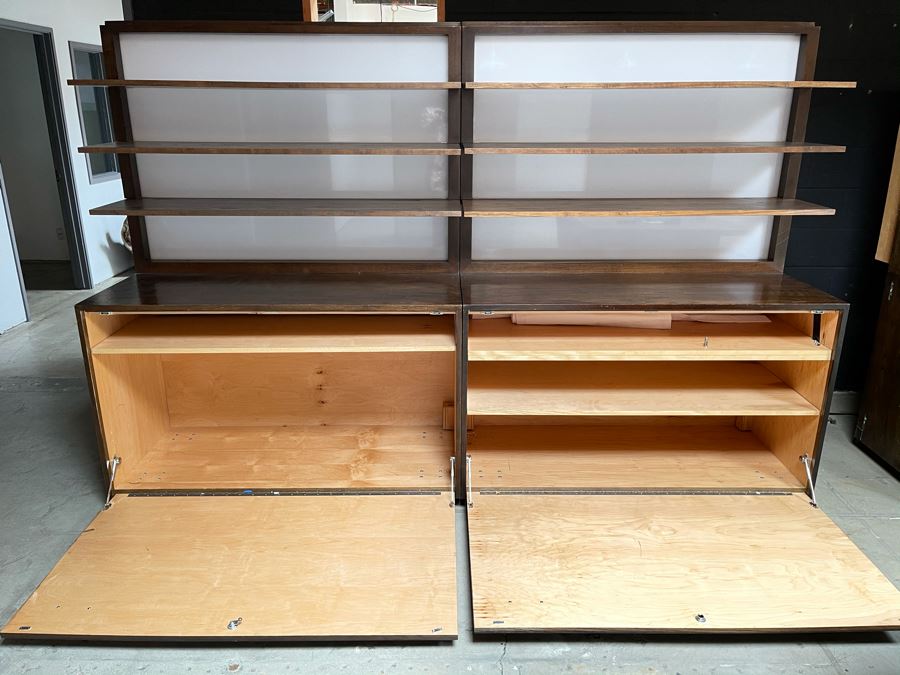 Large Heavy Duty Custom Wooden Two-Piece Display Shelving Cabinets With Back Lighting On Casters From RAEN (RAEN Recently Grew Into Bigger Space) Units Can Be Separated Or Attached (Each Unit Is 54W X 31D X 72H) [Photo 5]