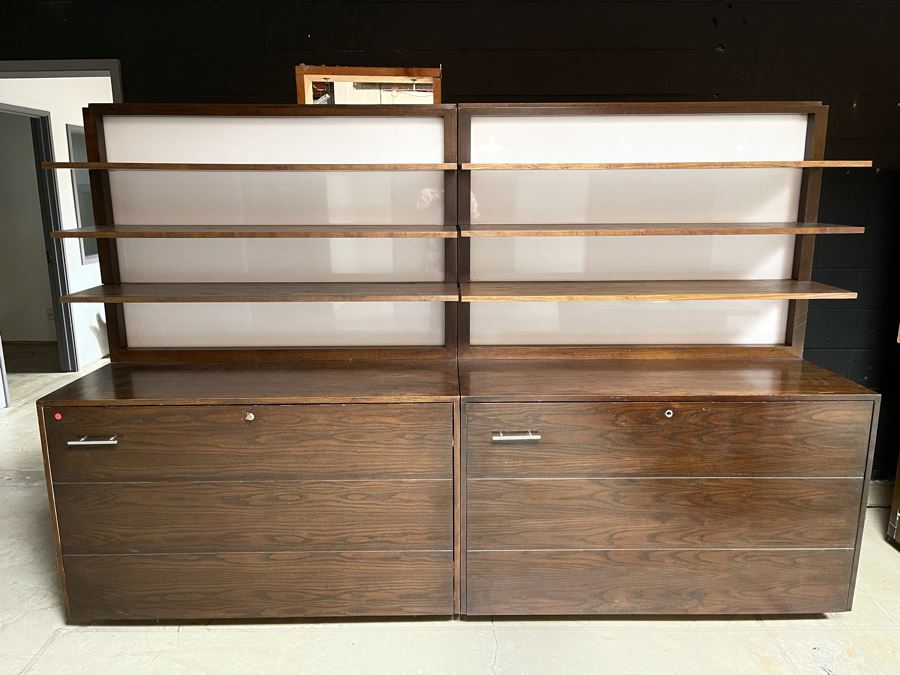 Large Heavy Duty Custom Wooden Two-Piece Display Shelving Cabinets With Back Lighting On Casters From RAEN (RAEN Recently Grew Into Bigger Space) Units Can Be Separated Or Attached (Each Unit Is 54W X 31D X 72H) [Photo 2]