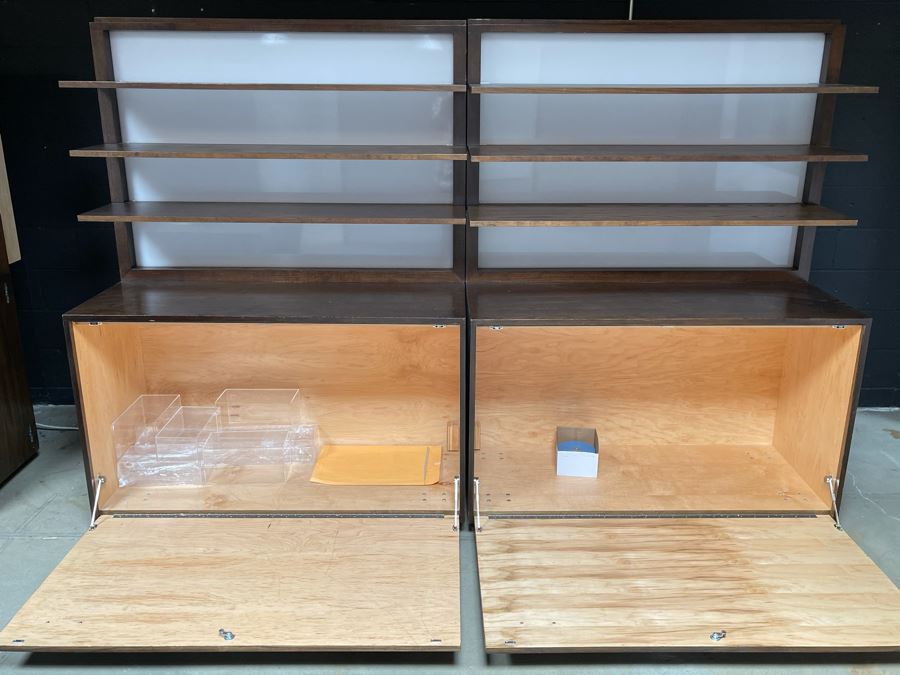 Large Heavy Duty Custom Wooden Two-Piece Display Shelving Cabinets With Back Lighting On Casters From RAEN (RAEN Recently Grew Into Bigger Space) Units Can Be Separated Or Attached (Each Unit Is 54W X 31D X 72H) [Photo 2]