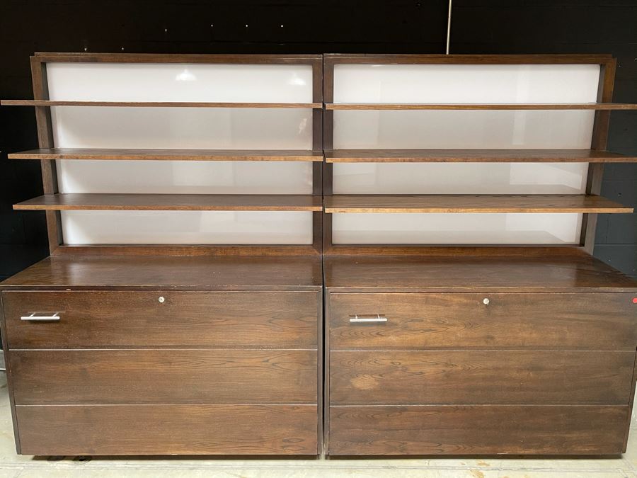 Large Heavy Duty Custom Wooden Two-Piece Display Shelving Cabinets With Back Lighting On Casters From RAEN (RAEN Recently Grew Into Bigger Space) Units Can Be Separated Or Attached (Each Unit Is 54W X 31D X 72H) [Photo 3]