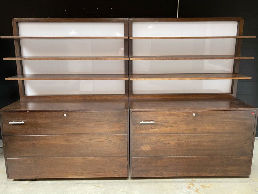 Large Heavy Duty Custom Wooden Two-Piece Display Shelving Cabinets With Back Lighting On Casters From RAEN (RAEN Recently Grew Into Bigger Space) Units Can Be Separated Or Attached (Each Unit Is 54W X 31D X 72H)