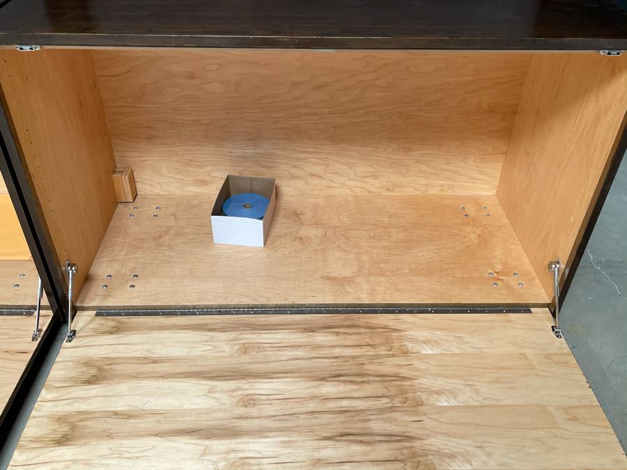 Large Heavy Duty Custom Wooden Two-Piece Display Shelving Cabinets With Back Lighting On Casters From RAEN (RAEN Recently Grew Into Bigger Space) Units Can Be Separated Or Attached (Each Unit Is 54W X 31D X 72H) [Photo 5]