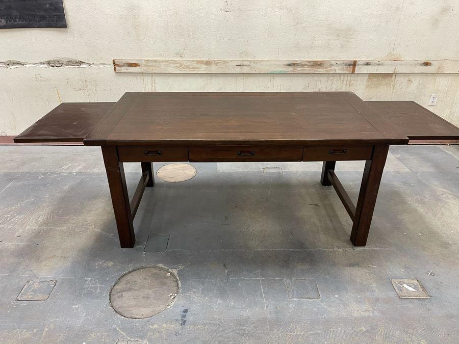 Solid Wooden Desk With Extendable Built-In Side Leaves From RAEN Headquarters In Oceanside (RAEN Recently Grew Into Bigger Space) 70W X 38D X 31.5H (18' Leaf On Each Side) [Photo 12]