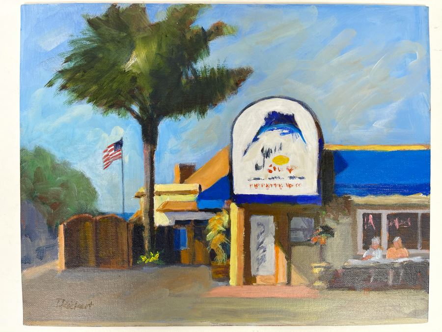 Original David Rickert Oil Painting Of Jay's Gourmet Seafood & Pizza In Carlsbad CA 14 X 11 [Photo 1]