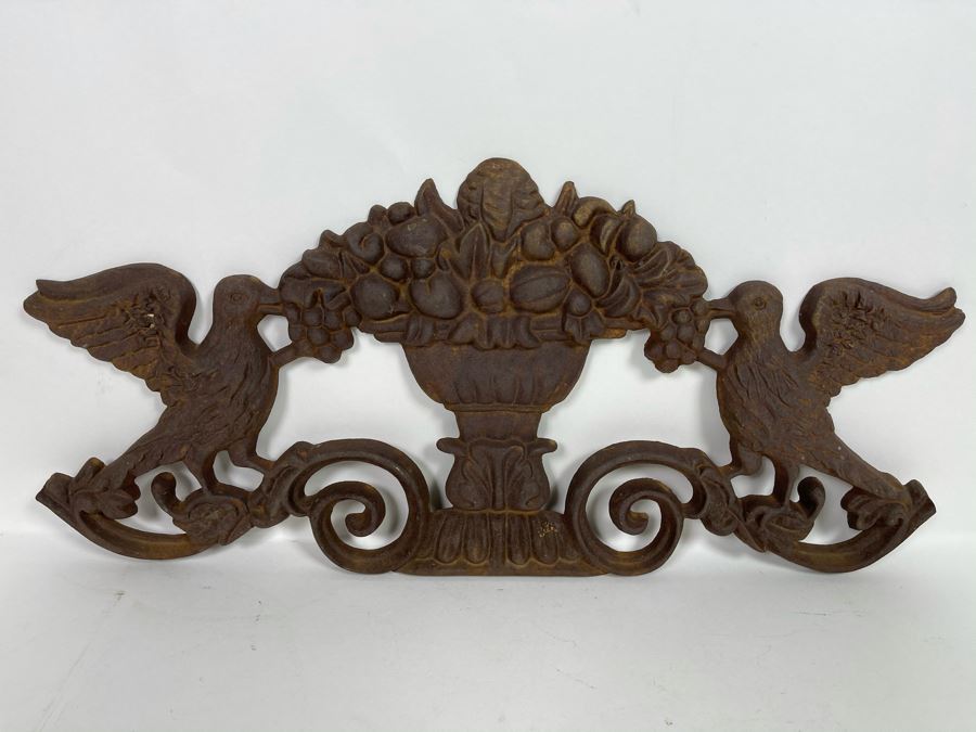 Vintage Cast Iron Wall Decor Of Footed Bowl Flanked By Pair Of Birds 20.5W X 9.5H