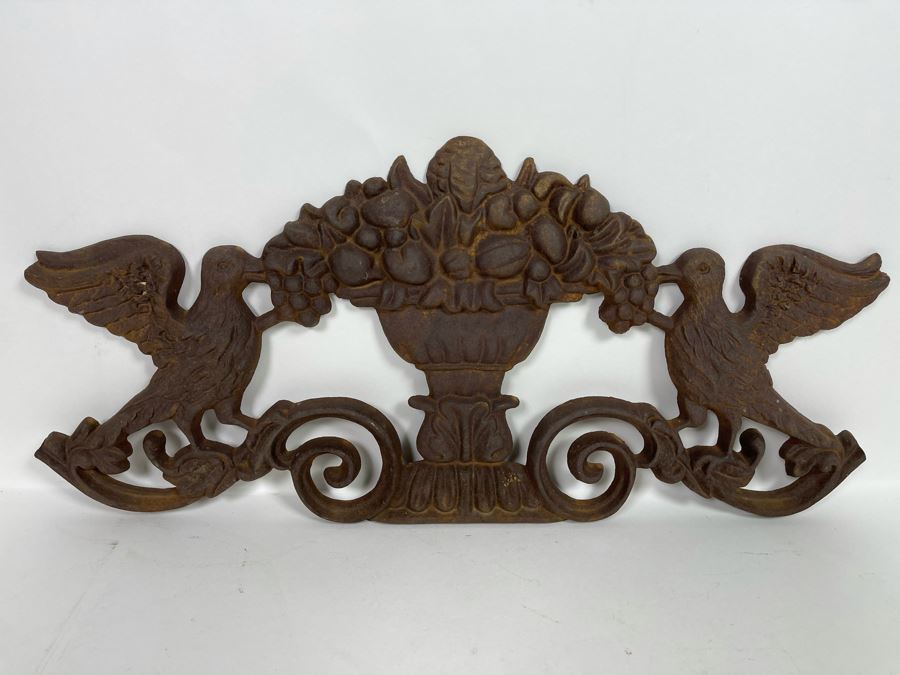 Vintage Cast Iron Wall Decor Of Footed Bowl Flanked By Pair Of Birds 20.5W X 9.5H [Photo 2]
