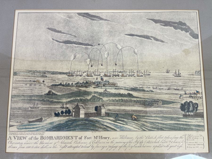 Framed Lithograph By A. Hoen & Co From Original Engraving C.1817 Titled 'A View Of The Bombardment Of Fort McHenry' 17 X 13 [Photo 3]