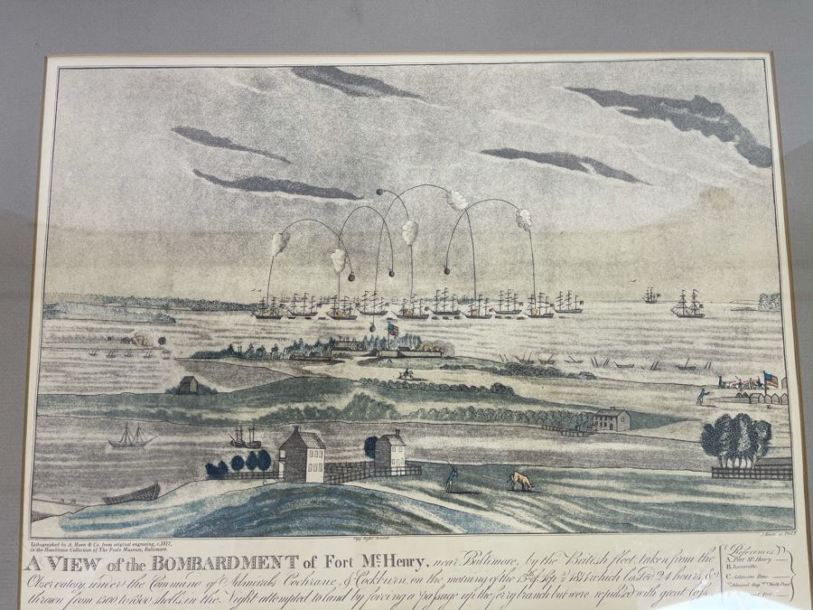 Framed Lithograph By A. Hoen & Co From Original Engraving C.1817 Titled 'A View Of The Bombardment Of Fort McHenry' 17 X 13 [Photo 9]